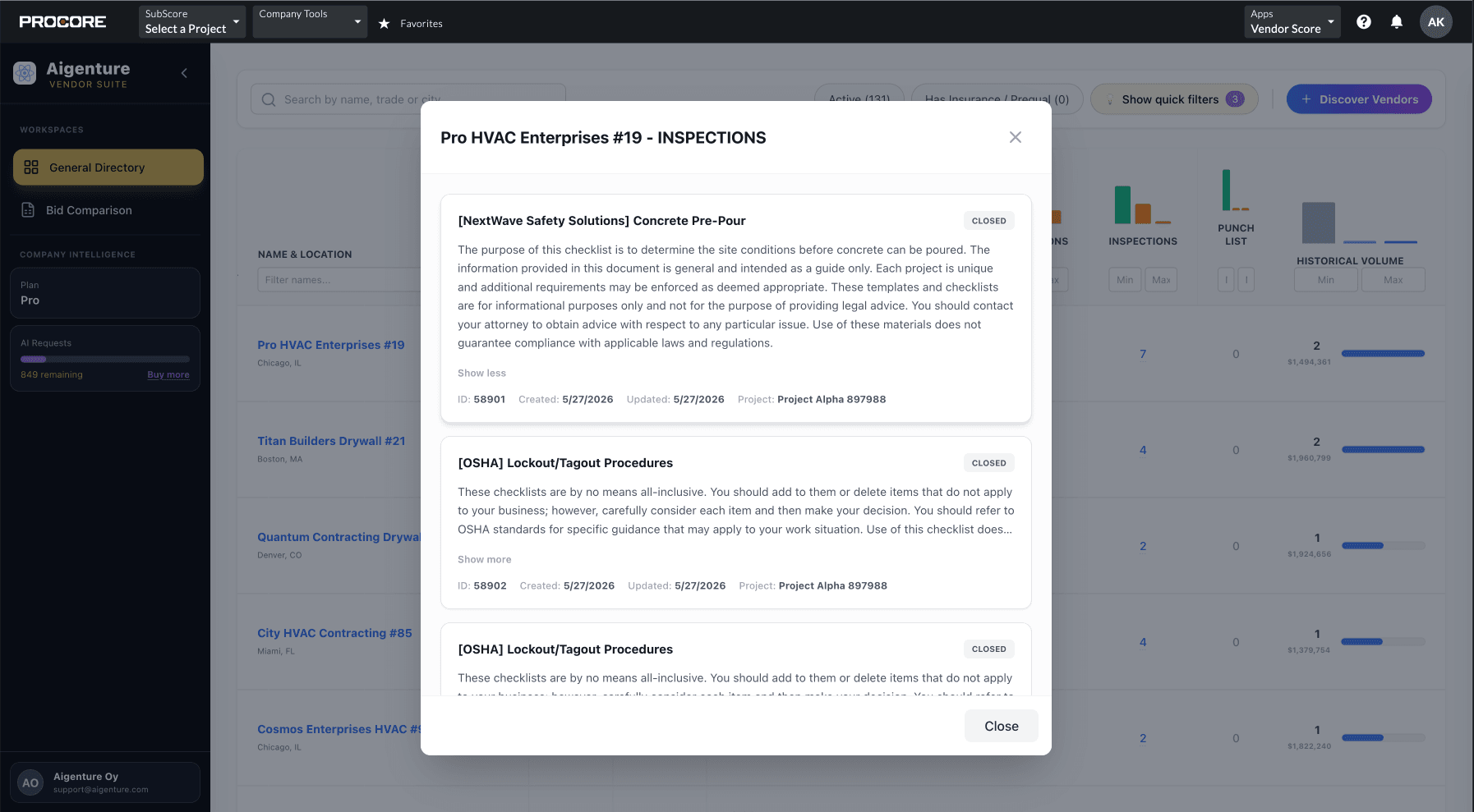 Inspections module showing vendor performance